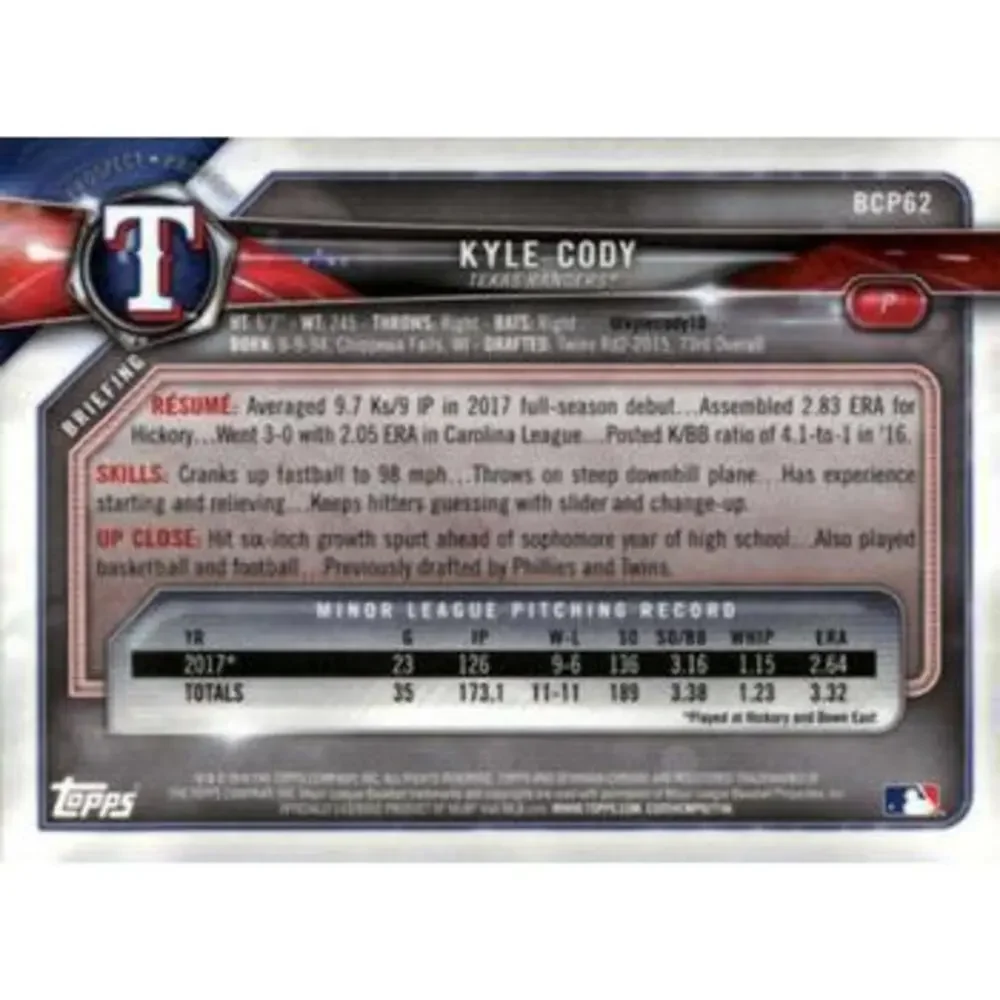 2018 Bowman Chrome Prospects Kyle Cody BCP62 Texas Rangers